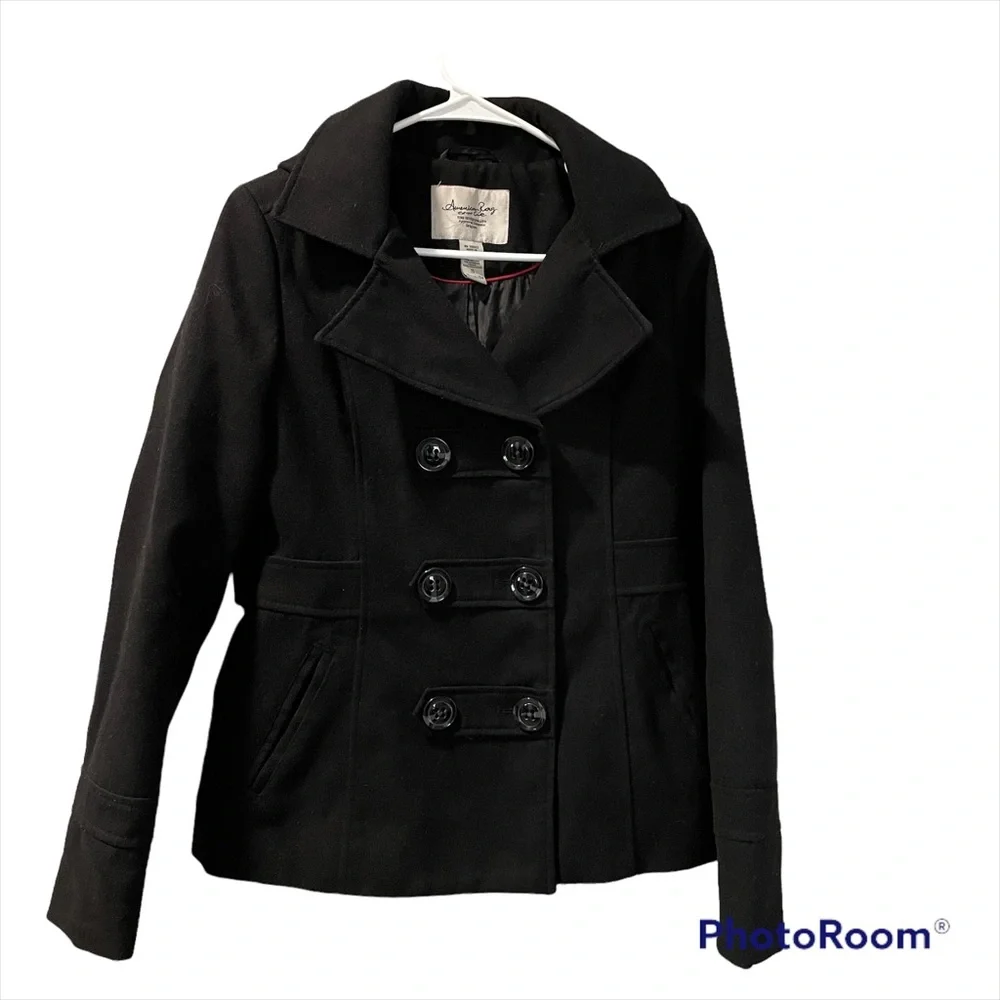 American Rag Pea Coat Black Double Breasted with Hood Lined Small Gently Worn